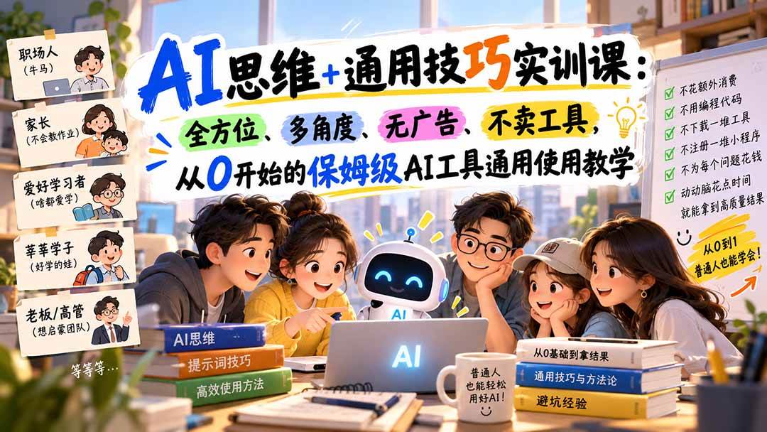 AI思维+通用技巧实训课:全方位、多角度、无广告、不卖工具,从0开始的保姆级AI工具通用使用教学