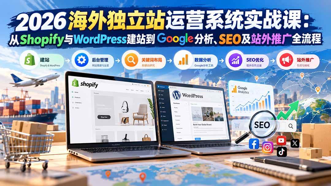 2026海外独立站运营系统实战课:从Shopify与WordPress建站到Google分析、SEO及站外推广全流程