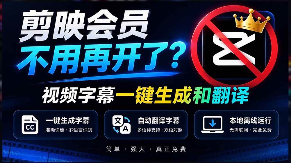 剪映会员不用再开了?视频字幕一键生成加翻译,本地离线运行,完全免费,超快速高精度,字幕大师