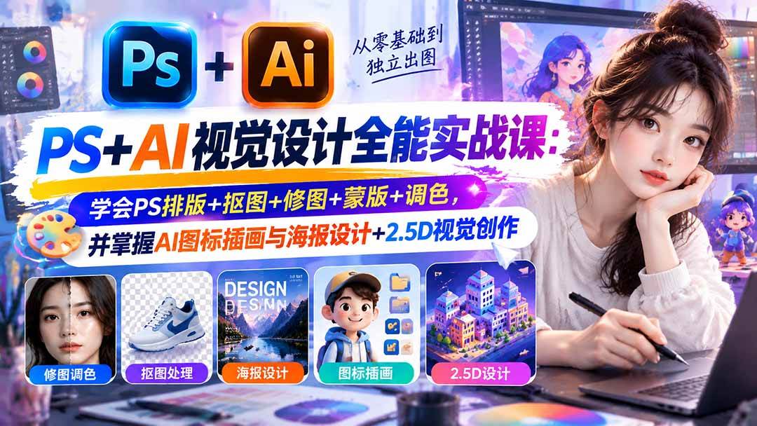 【无水印】PS+AI视觉设计全能实战课:学会PS排版+抠图+修图+蒙版+调色,并掌握AI图标插画与海报设计+2.5D视觉创作