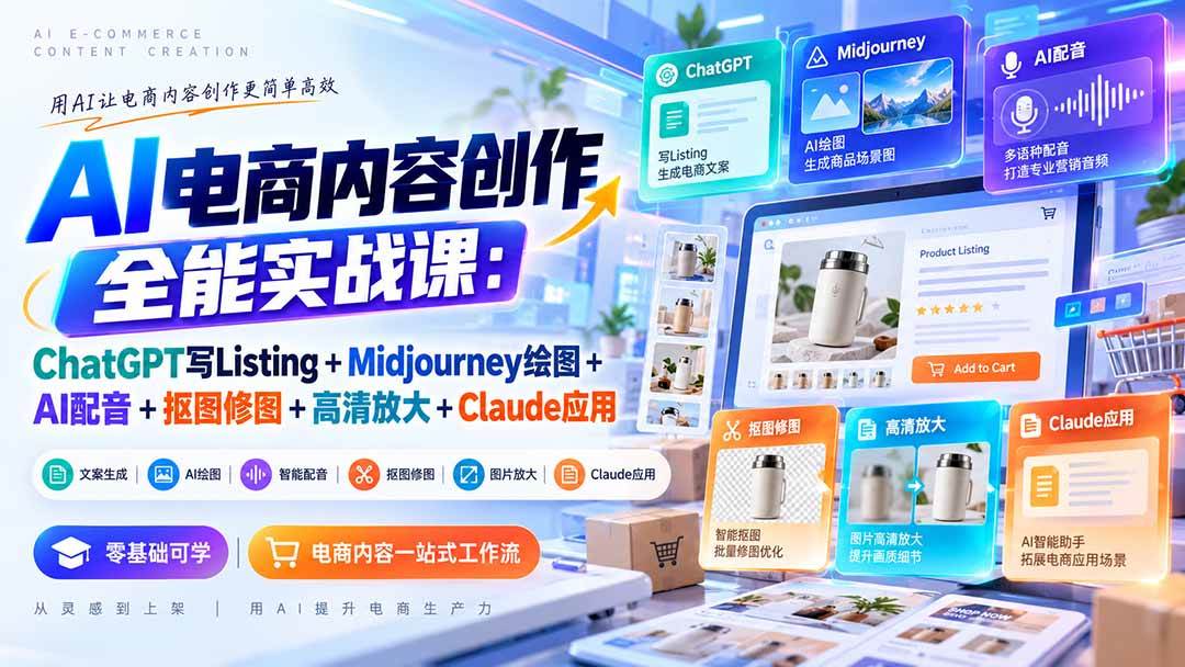【无水印】AI电商内容创作全能实战课:ChatGPT写Listing+Midjourney绘图+AI配音+抠图修图+高清放大+Claude应用