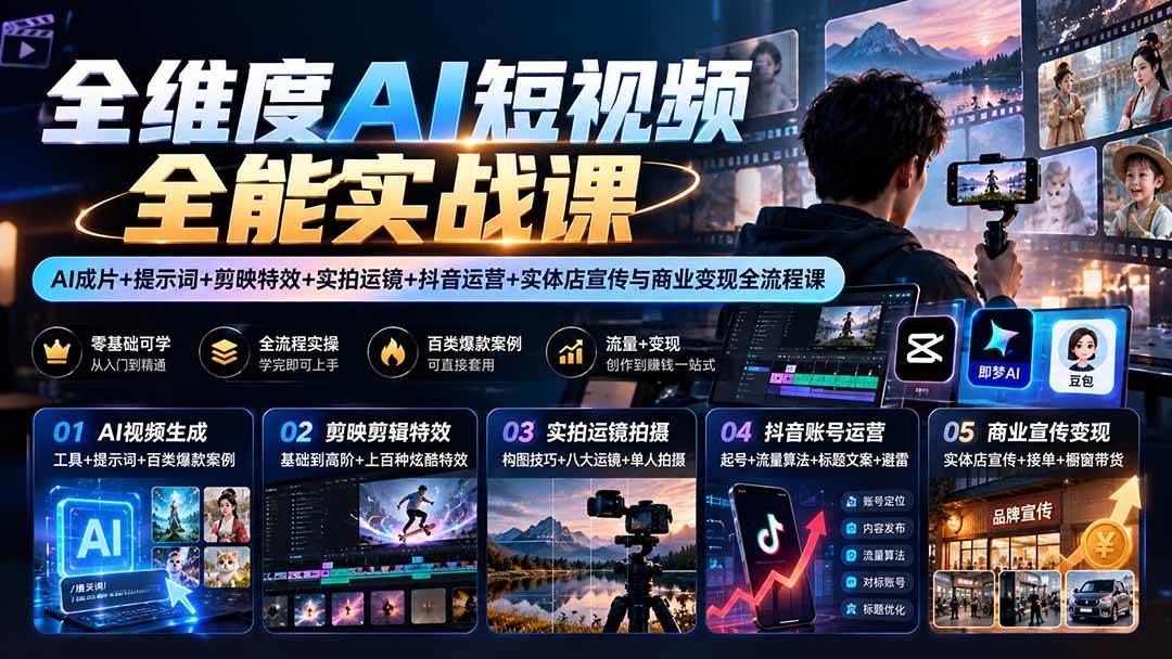 【无水印】全维度AI短视频全能实战课:AI成片+提示词+剪映特效+实拍运镜+抖音运营+实体店宣传与商业变现全流程课