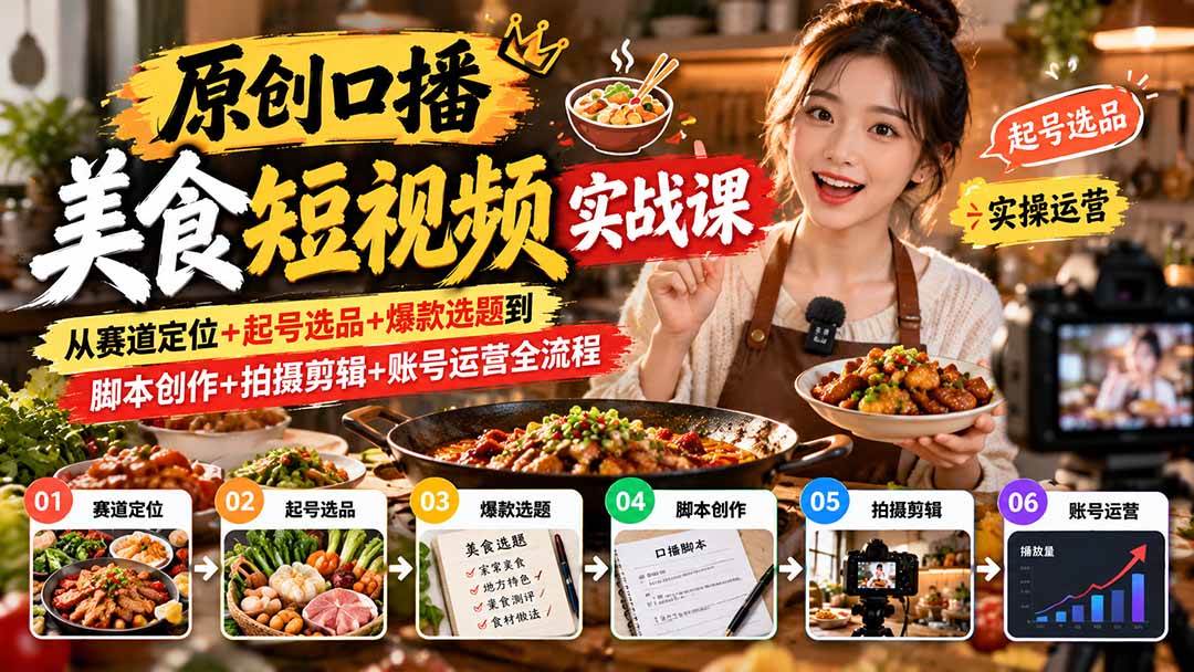 原创口播美食短视频实战课:从赛道定位+起号选品+爆款选题到脚本创作+拍摄剪辑+账号运营全流程