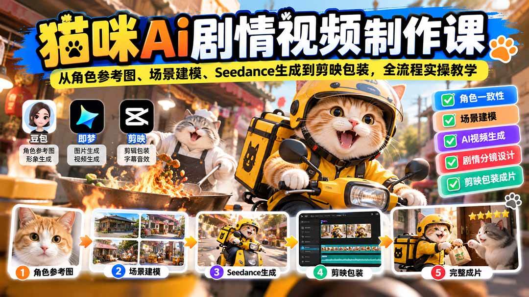 猫咪AI剧情视频制作课:从角色参考图、场景建模、Seedance生成到剪映包装,全流程实操教学
