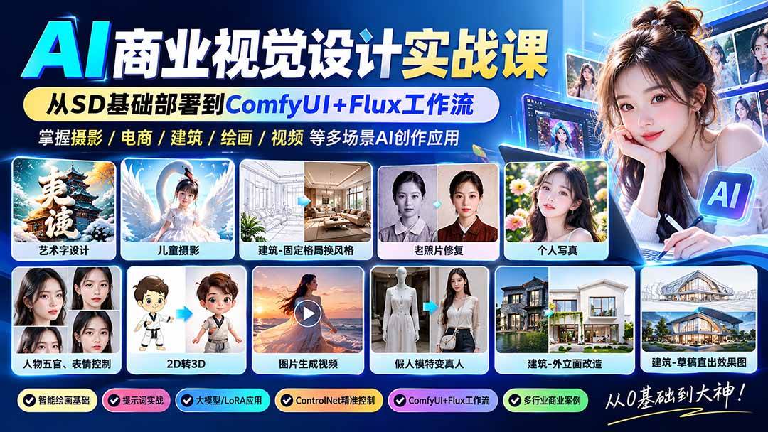 【无水印】AI商业视觉设计实战课:从SD基础部署到ComfyUI+Flux工作流,掌握摄影电商建筑AI创作