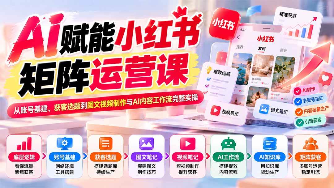 AI赋能小红书矩阵运营课:从账号基建、获客选题到图文视频制作与AI内容工作流完整实操