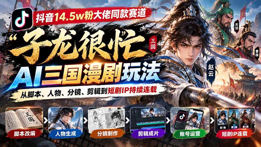 抖音14.5w粉大佬同款赛道「子龙很忙」AI三国漫剧玩法:从脚本、人物、分镜、剪辑到短剧IP持续连载