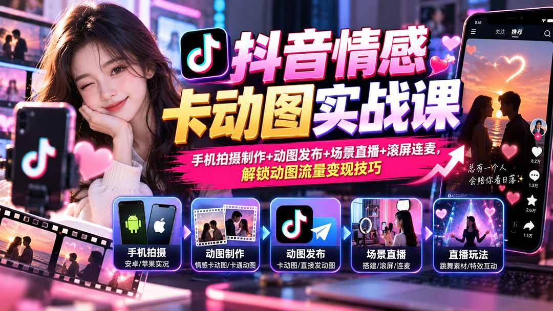 抖音情感卡动图实战课:手机拍摄制作+动图发布+场景直播+滚屏连麦,解锁动图流量变现技巧
