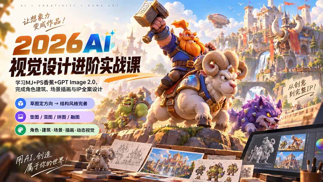 2026AI视觉设计进阶实战课-更新1007:学习MJ+PS香蕉+GPT Image 2.0,完成角色建筑、场景插画与IP全案设计