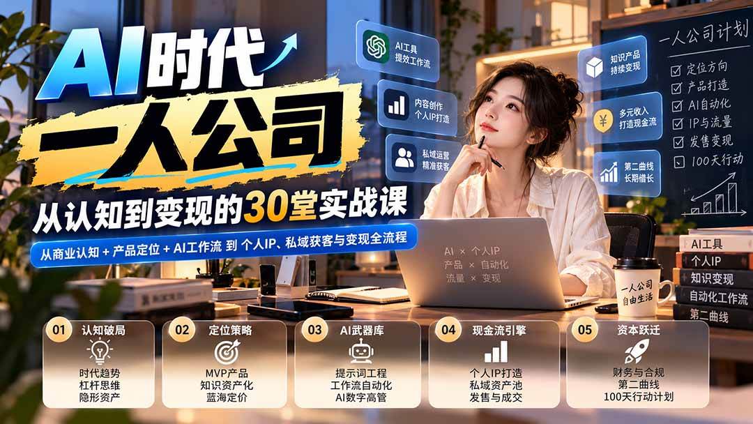 【无水印】AI时代一人公司30堂实战课:从商业认知+产品定位+AI工作流到个人IP、私域获客与变现全流程
