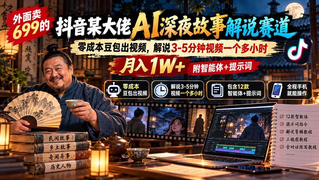 外面卖699抖音某大佬AI深夜故事解说赛道-更新:0成本豆包出视频+解说3-5分钟视频一个多小时,月入1W+附智能体+提示词