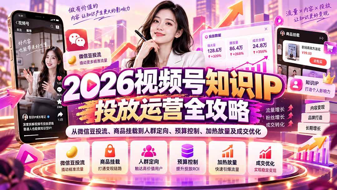 2026视频号知识IP投放运营全攻略:从微信豆投流、商品挂载到人群定向、预算控制、加热放量及成交优化