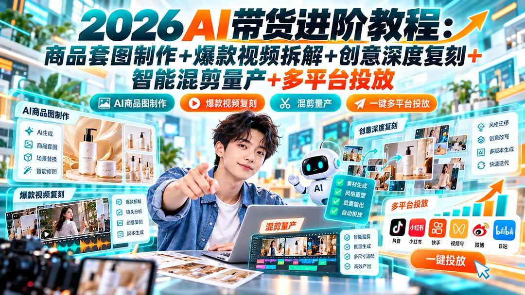 2026AI带货进阶教程:商品套图制作+爆款视频拆解+创意深度复刻+智能混剪量产+多平台投放