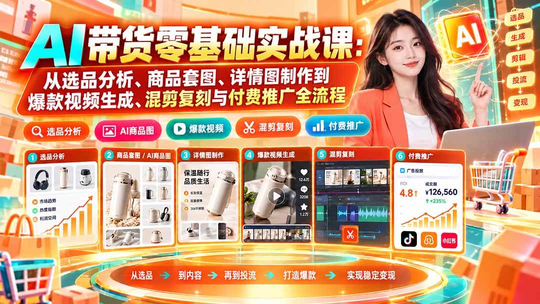 AI带货零基础实战课:从选品分析、商品套图、详情图制作到爆款视频生成、混剪复刻与付费推广全流程
