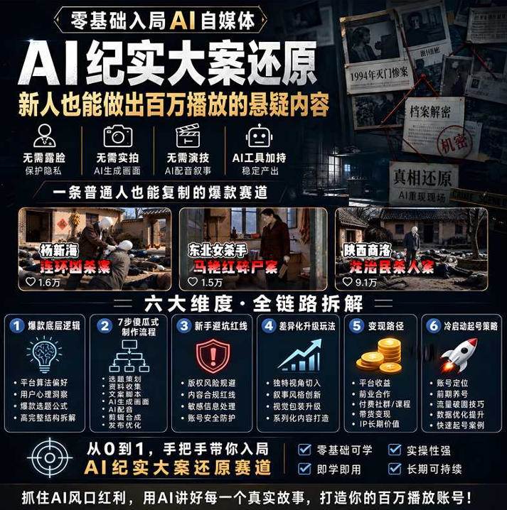 抖音8W粉博主AI纪实大案还原教学:一条普通人也能复制的爆款赛道,新人也能做出百万播放的悬疑内容