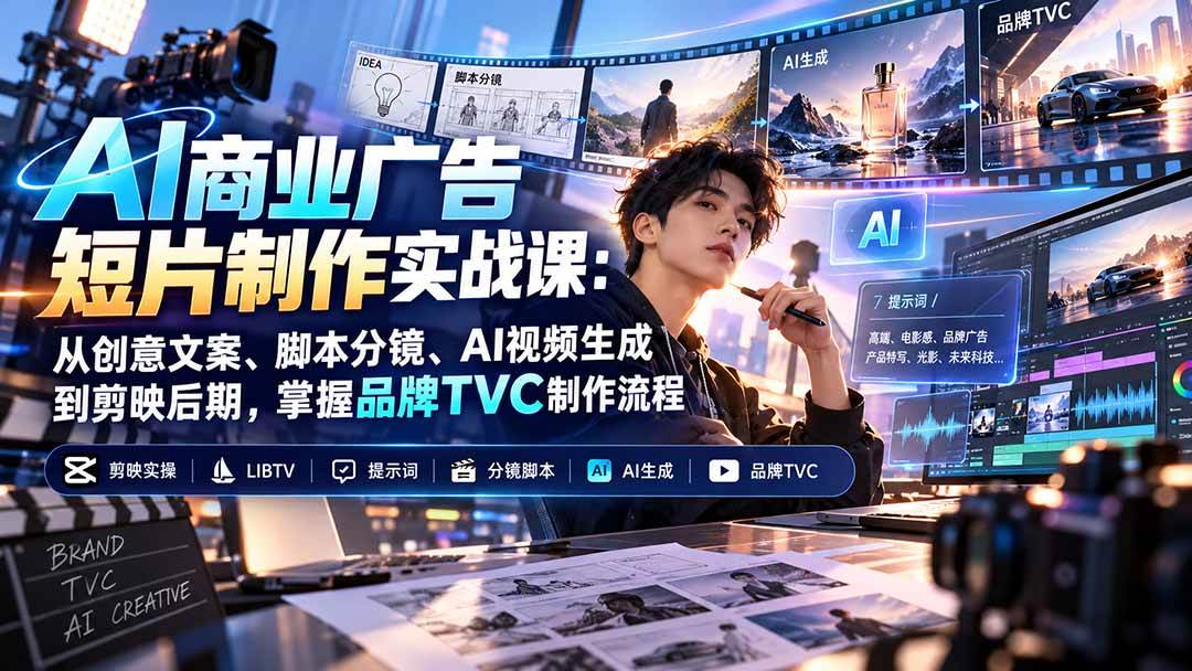 AI商业广告短片制作实战课:从创意文案、脚本分镜、AI视频生成到剪映后期,掌握品牌TVC制作流程