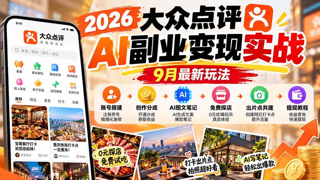 2026大众点评AI副业变现实战9月最新玩法:账号搭建+创作分成+AI图文笔记+免费探店+出片点共建与提现教程