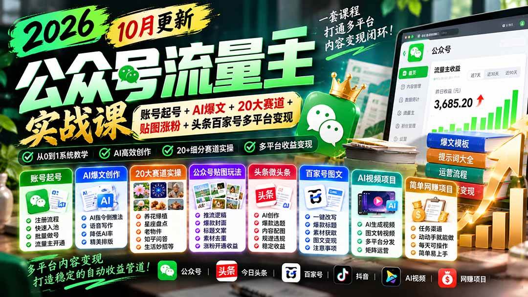 2026公众号流量主实战课-10月更新:账号起号+AI爆文+20大赛道+贴图涨粉+头条百家号多平台变现