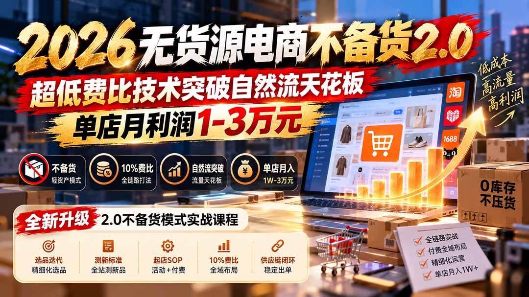 2026无货源电商不备货2.0【更新1010】:超低费比技术突破自然流天花板,单店月利润1-3万元