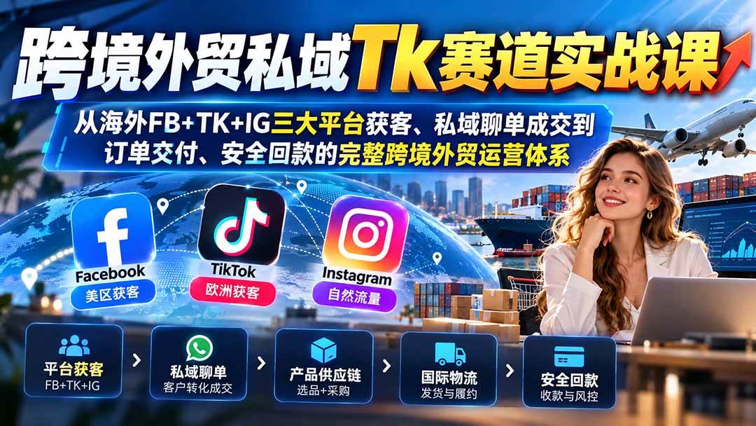 跨境外贸私域Tk赛道实战课:从海外FB+TK+IG三大平台获客、私域聊单成交到订单交付、安全回款的完整跨境外贸运营体系