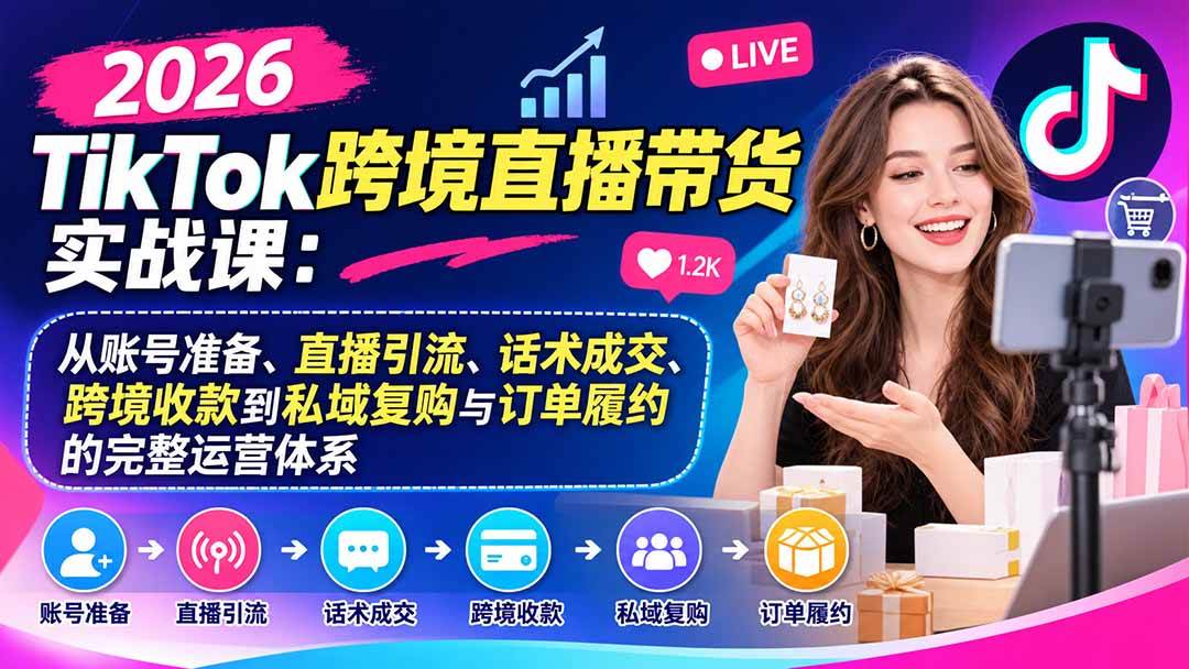 2026TikTok跨境直播带货实战课:从账号准备、直播引流、话术成交、跨境收款到私域复购与订单履约的完整运营体系