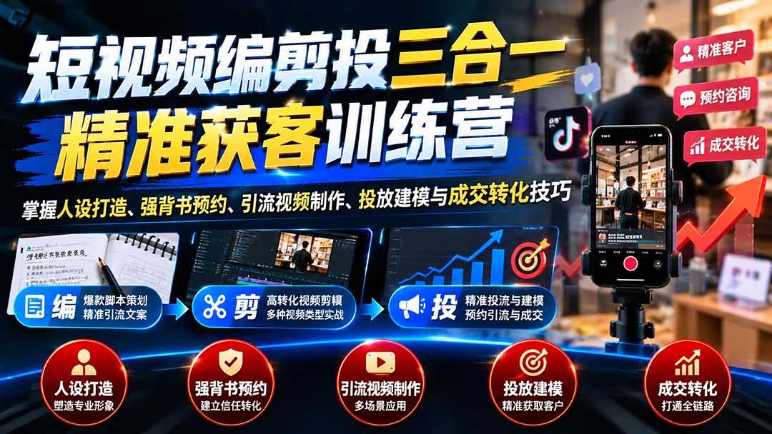 短视频编剪投三合一精准获客训练营:掌握人设打造、强背书预约、引流视频制作、投放建模与成交转化技巧