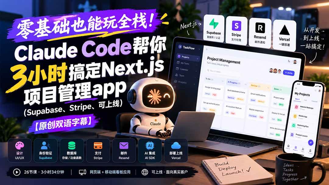 零基础也能玩全栈!Claude Code帮你3小时搞定Next.js项目管理app【原创双语字幕】