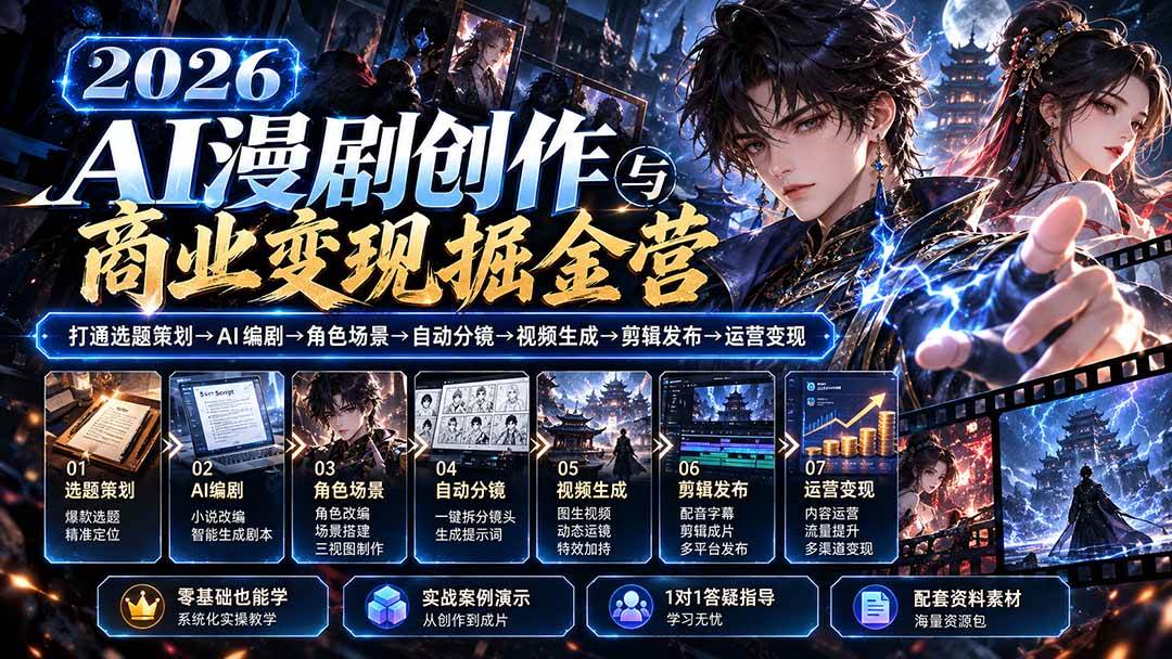 【无水印】2026AI漫剧创作与商业变现掘金营:打通选题→AI编剧→角色场景→自动分镜→视频生成→剪辑发布→运营变现
