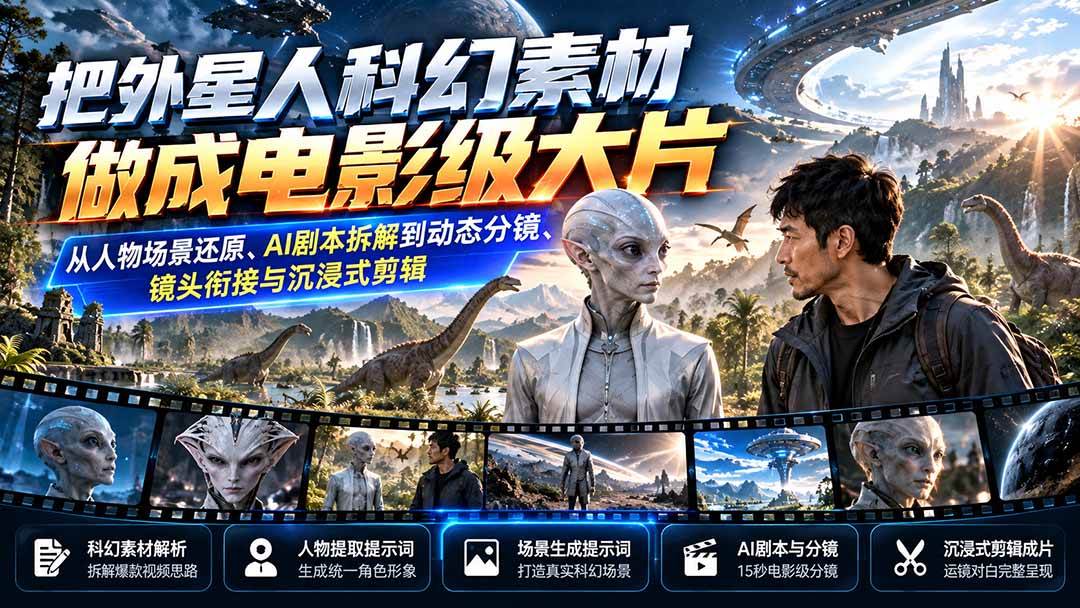 把外星人科幻素材做成电影级大片:从人物场景还原、AI剧本拆解到动态分镜、镜头衔接与沉浸式剪辑