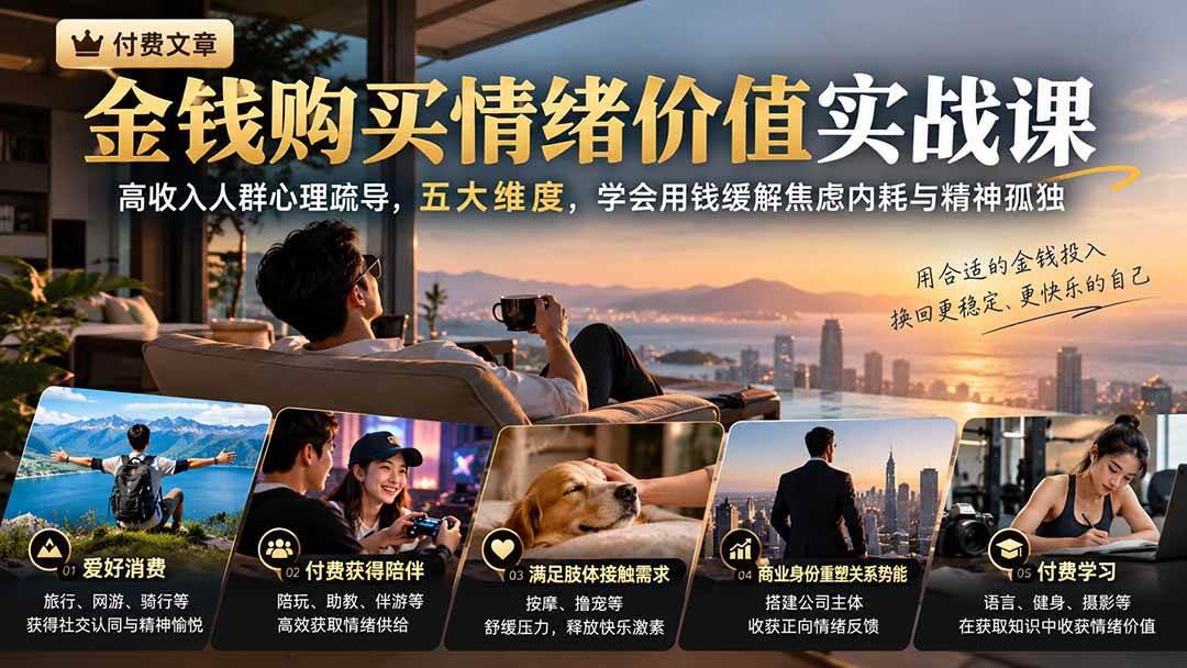 付费文章:金钱购买情绪价值实战课|高收入人群心理疏导,五大维度,学会用钱缓解焦虑内耗与精神孤独