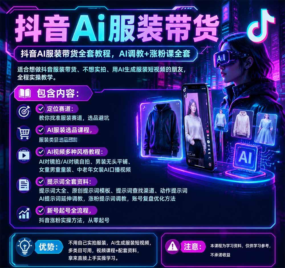 不用真人出镜的抖音AI服装带货课:AI对镜自拍、童装男装女装视频制作、起号涨粉,附提示词大全与调教模板