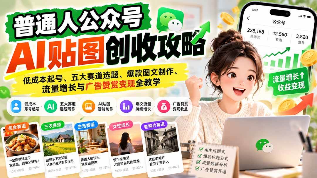 普通人公众号AI贴图创收攻略:低成本起号、五大赛道选题、爆款图文制作、流量增长与广告赞赏变现全教学