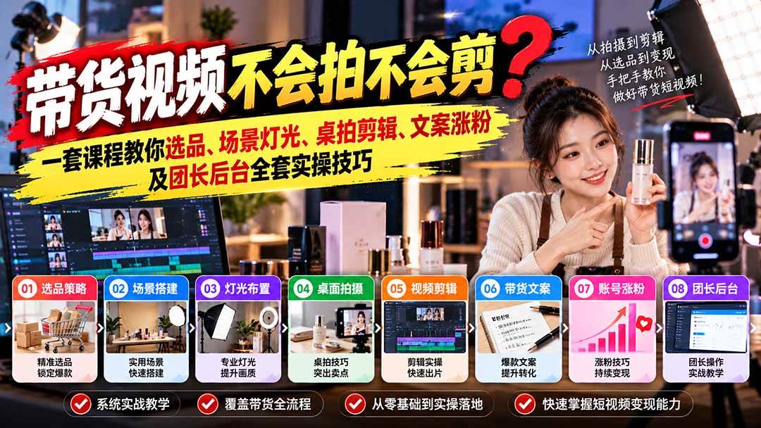 带货视频不会拍不会剪?一套课程教你选品、场景灯光、桌拍剪辑、文案涨粉及团长后台全套实操技巧 复制标题