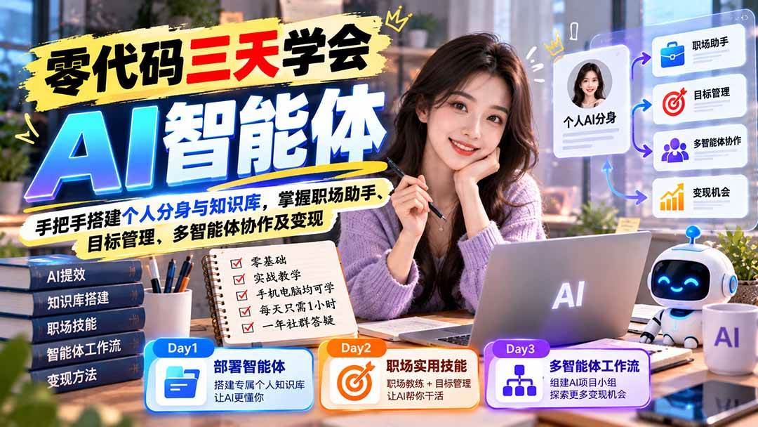 【无水印】零代码三天学会AI智能体:手把手搭建个人分身与知识库,掌握职场助手、目标管理、多智能体协作及变现
