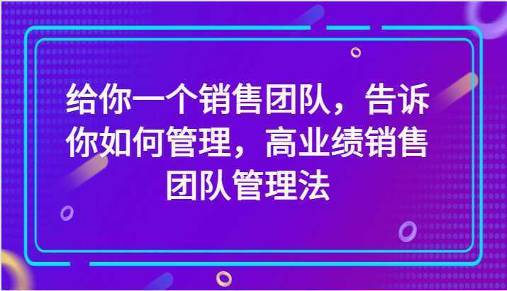 给你一个销售团队，告诉你如何管理，高业绩销售团队管理法