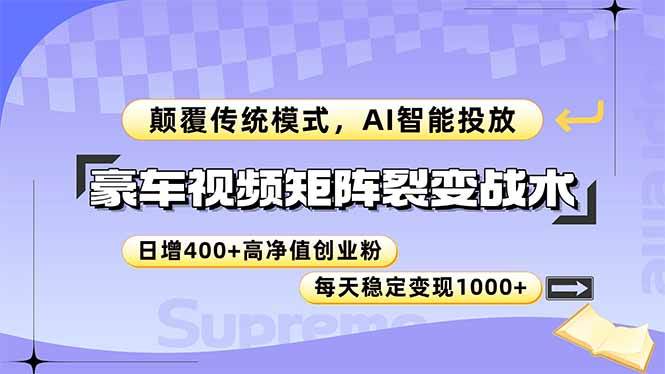 豪车视频矩阵裂变战术，颠覆传统模式，AI智能投放，日增400+高净值创业…