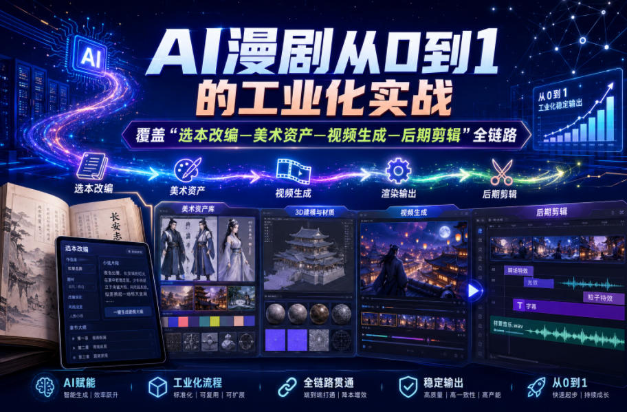 AI漫剧从0到1的工业化实战，覆盖“选本改编—美术资产—视频生成—后期剪辑”全链路