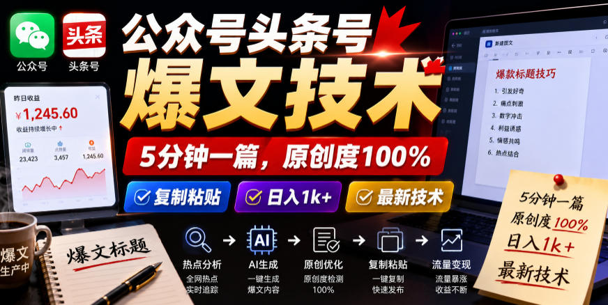 公众号头条号爆文技术，5分钟一篇，原创度100%，复制粘贴，日入1k+，最新技术【揭秘】