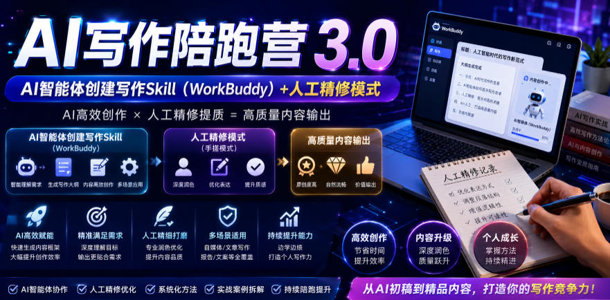 AI写作陪跑营3.0，Ai智能体创建写作skill+人工手写模式，去除AI痕迹