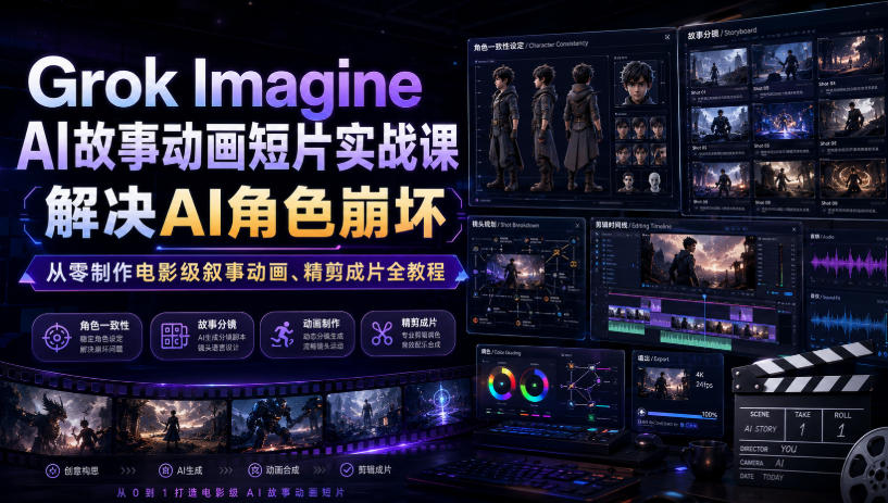 Grok Imagine AI故事动画短片实战课｜解决AI角色崩坏，从零制作电影级叙事动画、精剪成片全教程