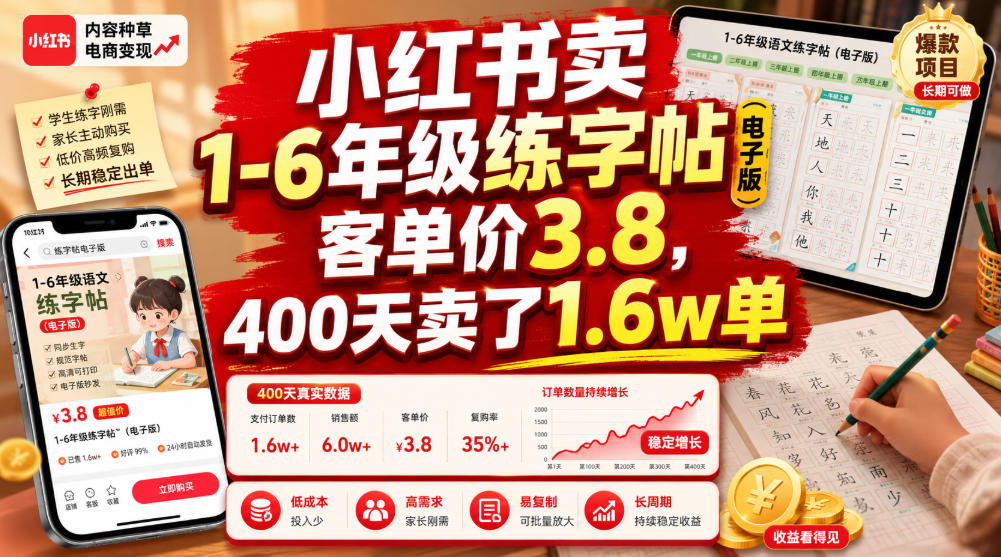 小红书卖1-6年级练字帖，客单价3.8，400天卖了1.6w单