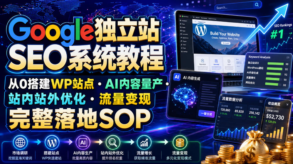 Google独立站SEO系统教程，从0搭建WP站点・AI内容量产・站内站外优化・流量变现完整落地SOP