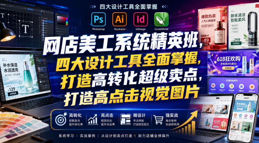 网店美工系统精英班，四大设计工具全面掌握，打造高转化超级卖点，打造高点击视觉图片