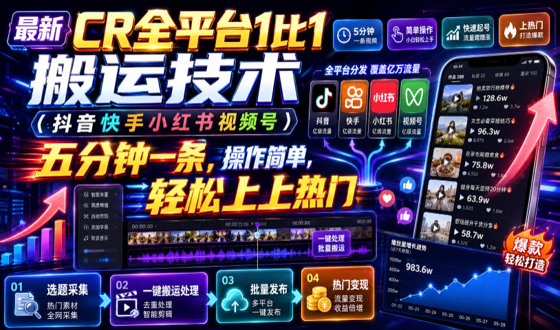 最新CR全平台1比1搬运技术五分钟分钟一条，操作简单，轻松上热门