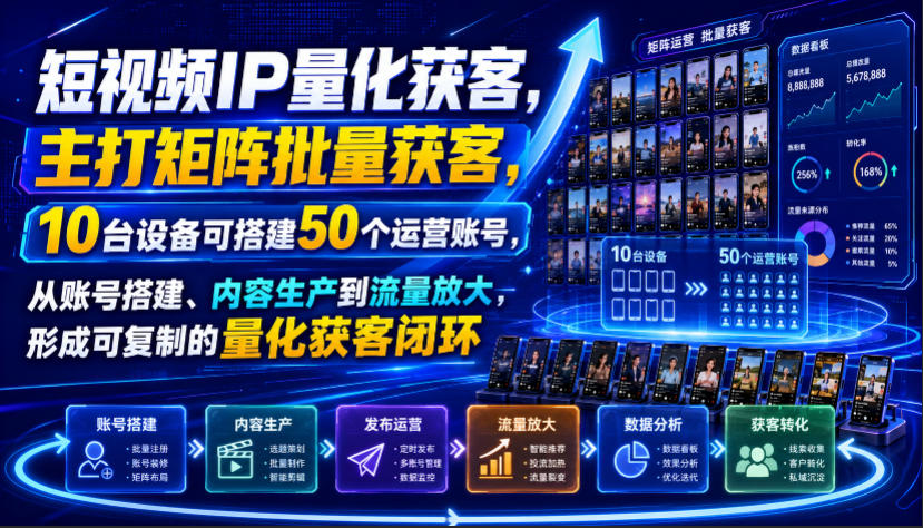 短视频IP量化获客，主打矩阵批量获客，10台设备可搭建50个运营账号，从账号搭建、内容生产到流量放大，形成可复制的量化获客闭环