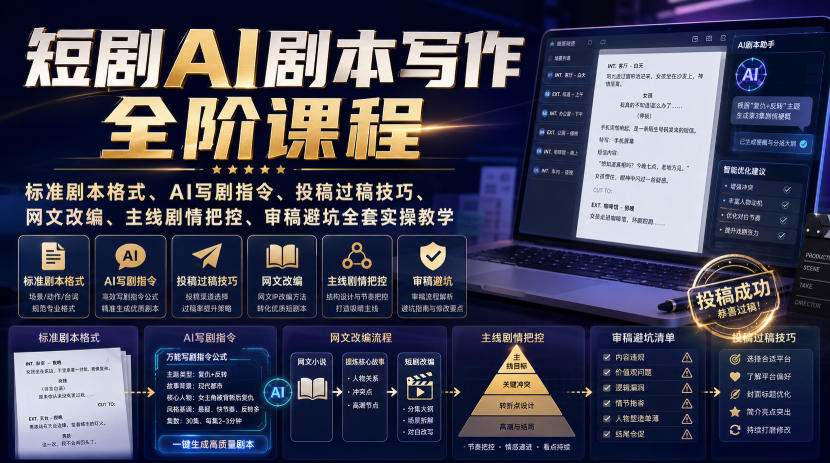 短剧AI剧本写作全阶课程｜标准剧本格式、AI写剧指令、投稿过稿技巧、网文改编、主线剧情把控、审稿避坑全套实操教学