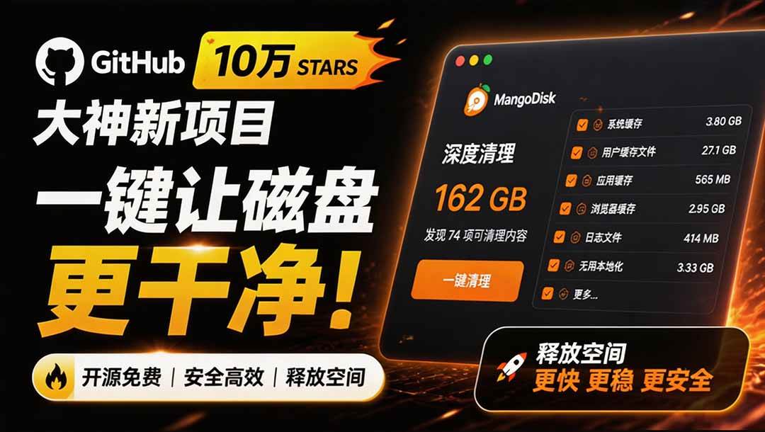 在Gtihub上做出10万 stars 的大神，又发布新项目了！一键让磁盘更干净，开源免费清理工具 MangoDisk