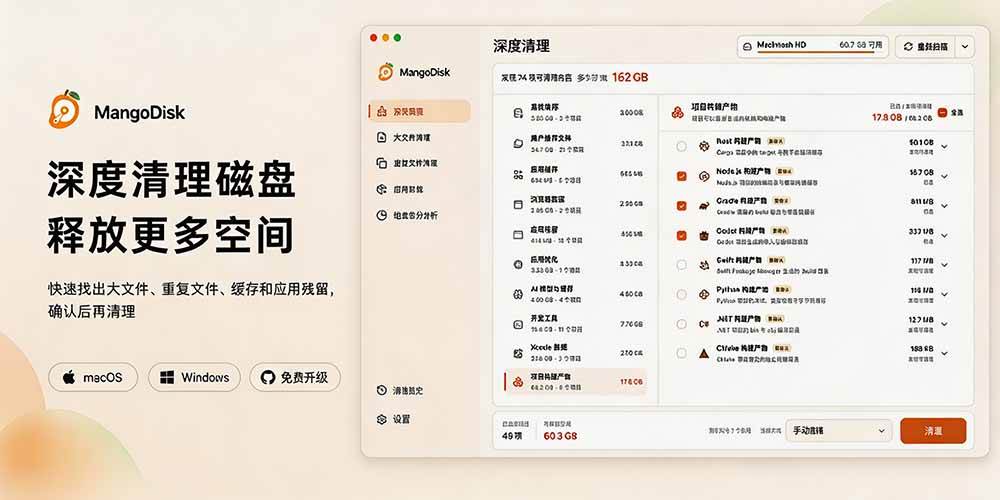 在Gtihub上做出10万 stars 的大神，又发布新项目了！一键让磁盘更干净，开源免费清理工具 MangoDisk