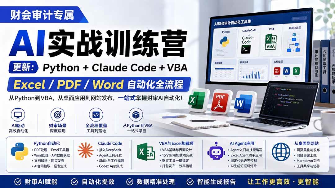 财会审计专属 AI实战训练营：Python+Claude Code+VBA，Excel/PDF/Word自动化全流程 (更新)