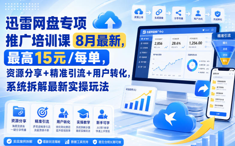迅雷网盘专项推广培训课8月最新，最高15米/每单，资源分享+精准引流+用户转化，系统拆解最新实操玩法